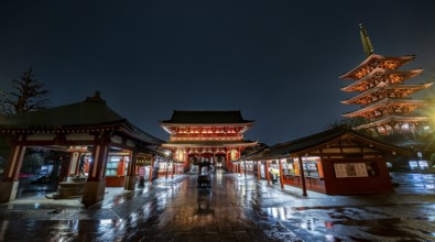 Illuminated five-story pagoda and Hozomon treasure chamber gate of Asakusa Shrine or Senso-ji