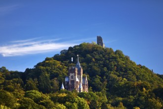 The mountain Drachenfels with Drachenburg Castle and the castle ruins, Siebengebirge, Königswinter,