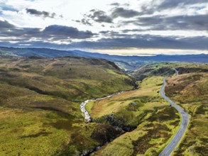 Cwm Cynfal Waterfalls on River Afon Cynfal from a drone, Llan Ffestiniog, Road B4391, Gwynedd,