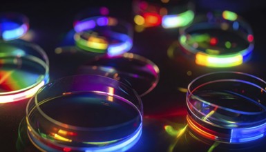 Abstract background of slightly unfocused multicolored glass lenses spinning and rotating,