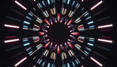 Abstract background of slightly unfocused multicolored glass lenses spinning and rotating,