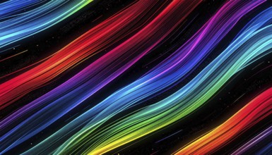 Abstract digital art featuring vibrant, intersecting neon lines creating a geometric pattern,