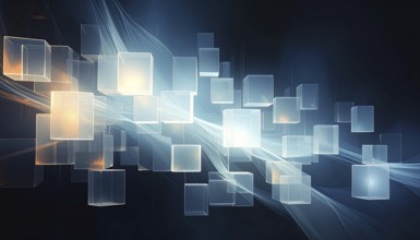 Abstract animation, glass cubes on black background, modern business wallpaper illustration, AI