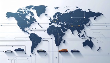 Abstract visualization of global rare earth supply network feeding EV industry, world map design,
