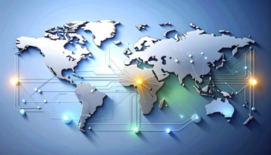 Abstract visualization of global rare earth supply network feeding EV industry, world map design,