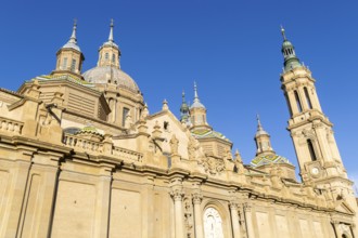 Towers and domes on roof of Basilica of Our Lady of the Pillar cathedral church, Zaragoza, Aragon,