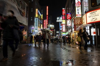 Busy pedestrian zone with many shopping centers and stores, illuminated with lots of neon signs at