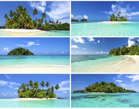 Collage of tropical islands with beach and palm trees, paradise with blue cloudy sky, turquoise