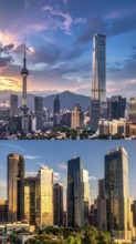 Collage of skyscrapers of a metropolitan city, various skylines with different blue sky in sunset,