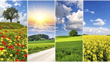 Collage of spring and summer landscapes, blooming flowers, green meadows and trees, hilly landscape