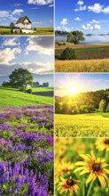 Collage of spring and summer landscapes, blooming flowers, green meadows and trees, hilly landscape
