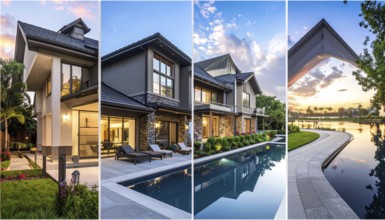 Collage of real estate residential building, modern architecture style, surrounded by green garden,