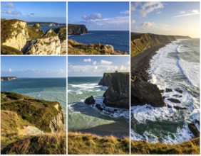 Collage of coastal landscapes with cliffs and shore break, spectacular nature, cloudy sky with