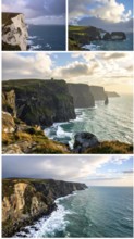 Collage of coastal landscapes with cliffs and shore break, spectacular nature, cloudy sky with