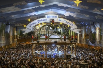 Hacker-Pschorr festival tent, Bavarian sky, interior view, Oktoberfest, Munich, Bavaria, Germany
