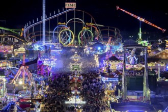 View of Oktoberfest from St. Paul's Catholic Church, Blue Hour, Munich, Bavaria, Germany