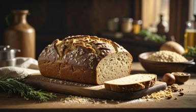 Rustic loaf of whole grain bread, fresh baked, close up of bread on dark wooden table, golden rust,