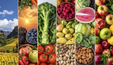 Food collage of various biological and organic fruits and vegetables, fresh healthy lifestyle, with