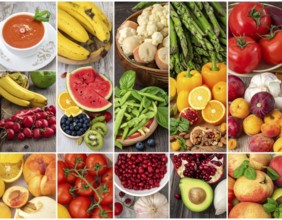 Food collage of various biological and organic fruits and vegetables, fresh healthy lifestyle, with