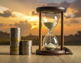 Hourglass and stacked golden coins, illustrating currency fluctuation and time impact commodities