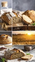 Collage of rustic loaf of whole grain bread, bread on dark rustic wooden table, great variety of