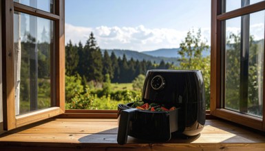 Air fryer with grilled vegetables, wooden table in the kitchen, healthy eating, healthy vegetarian