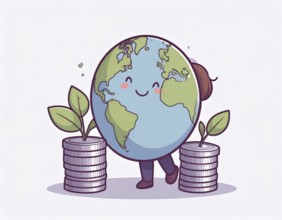 Green earth globe with silver coin stack symbolizing global finance economy and sustainable growth,