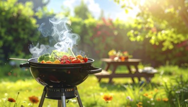Cooking vegetables on grill outdoors, healthy lifestyle with healthy food, close up of grill with