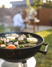 Cooking vegetables on grill outdoors, healthy lifestyle with healthy food, close up of grill with