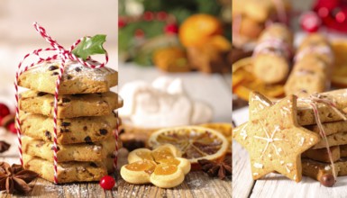 Collage of Christmas cookies and sweets, variation of sweet desserts, lots of unhealthy calories,