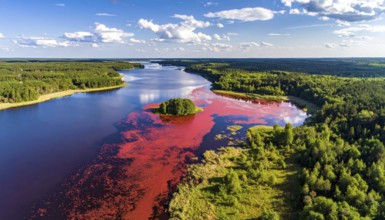 Red algae plant on the lake. abstract ecology nature concept, wild landscape with vibrant red