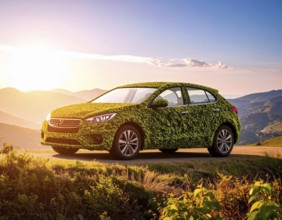 Car formed by green leaves and branches. Sustainable Car technology, ecology concept in harmony
