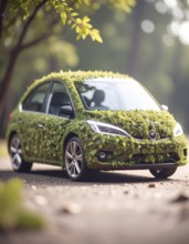 Car formed by green leaves and branches. Sustainable Car technology, ecology concept in harmony