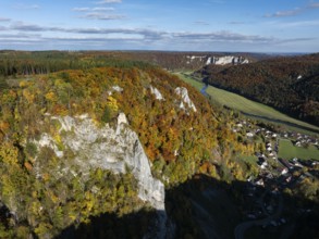 Aerial view of the viewpoint, shovels and Hausen Castle, also known as the Hausen ruins, surrounded