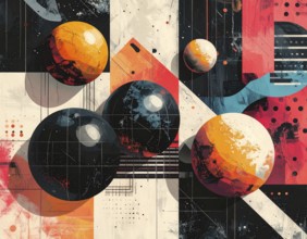 Vector art illustration, spheres, rectangles, triangles and geometric pattern, vector wallpaper