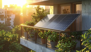 Sunlight Glinting Off Solar Panels on Contemporary Apartment Balcony, energy solution, concept of