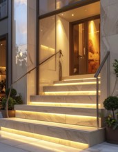 Modern building entrance with stairs, glass facade, and plants in warm evening light, empty