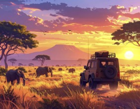 African savannah sunrise with a jeep safari and elephants, AI generated