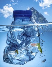 Crushed plastic water bottle waste in a wild landscape, symbol for nature protection, waste