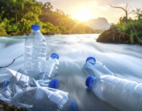 Crushed plastic water bottle waste in a wild landscape, symbol for nature protection, waste