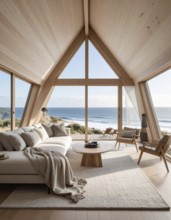 Peaceful A-frame cabin interior with ocean views, real estate lifestyle and travel destination,