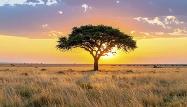 Single acacia tree in the savannah at sunset, solitude in the wild, dry grass in the foreground,