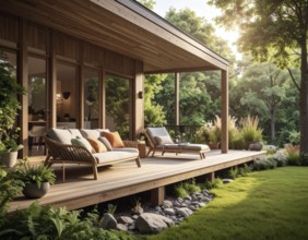 An eco-friendly porch designed for sustainable living in an environmentally-conscious home, lush