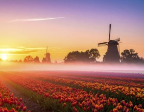 Fog covered landscape in sunrise with tulip fields and windmill in background, AI generated