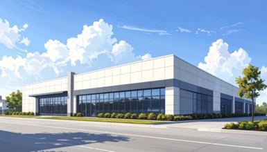 Modern supermarket building exterior against blue sky, Inviting white facade, some clouds, concept