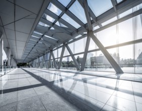 Modern architectural framework with glass and steel structure, glass facade with a greed of steel
