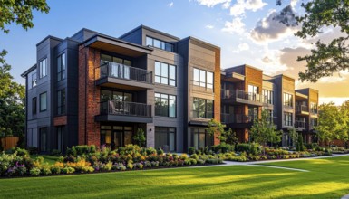 Modern apartment building with balconies and well-kept landscaping at sunset, Modern multifamily