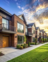 Modern apartment building with balconies and well-kept landscaping at sunset, Modern multifamily