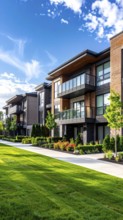 Modern apartment building with balconies and well-kept landscaping at sunset, Modern multifamily