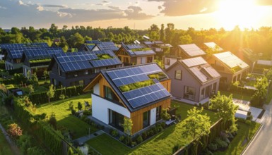 Aerial view showcases modern houses with solar panels and green roofs in a suburban setting,